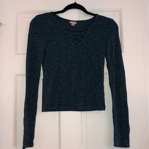 Blue Sweater with Criss Cross details at the neck